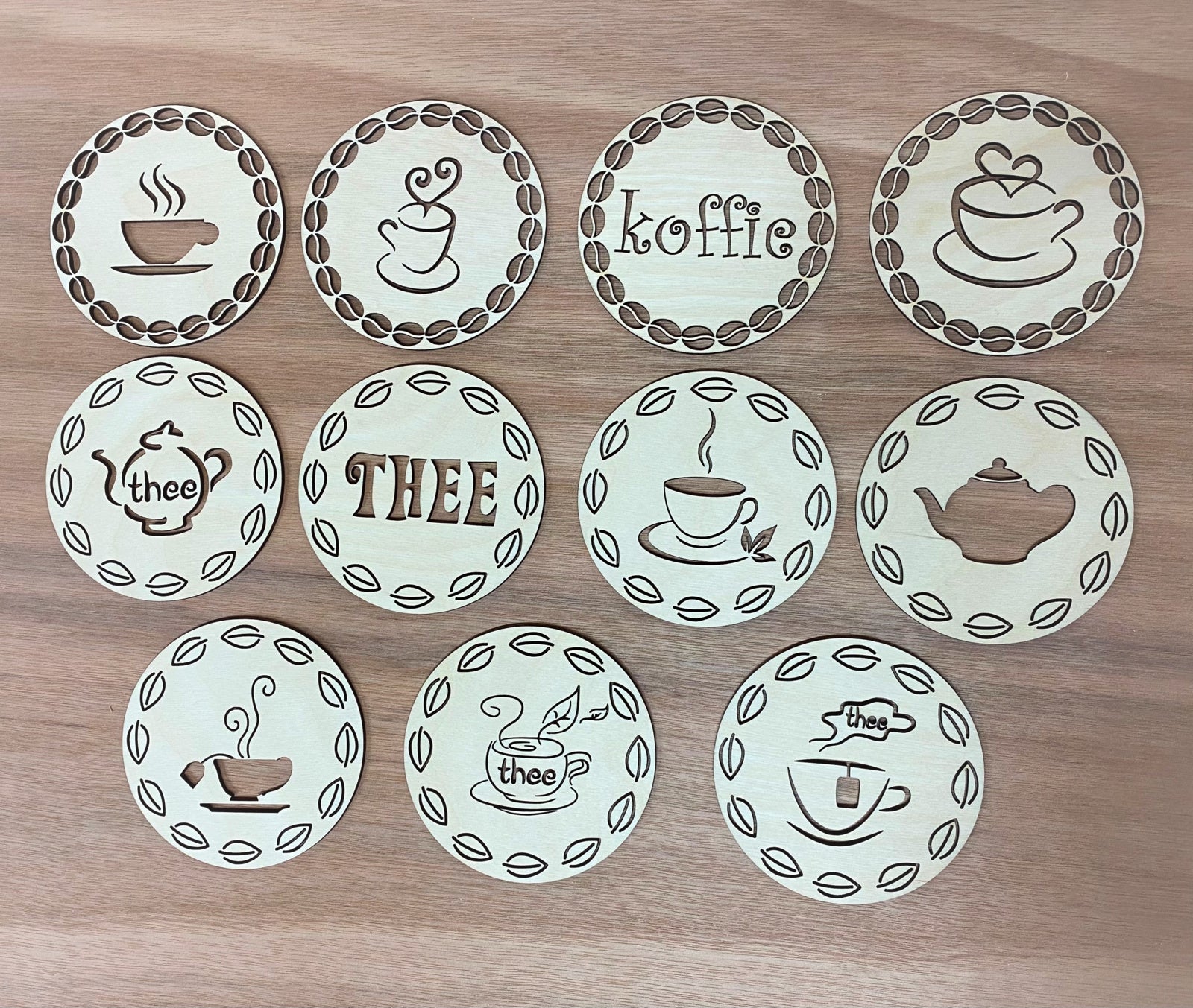 houten onderzetters set van 4 koffiethee front view